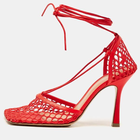 Bottega Veneta Coral Red Mesh And Leather Stretch Wrap Pumps Size 38